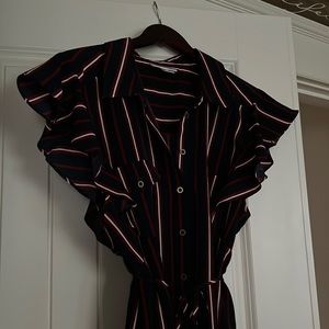 Navy ruffle sleeve striped dress